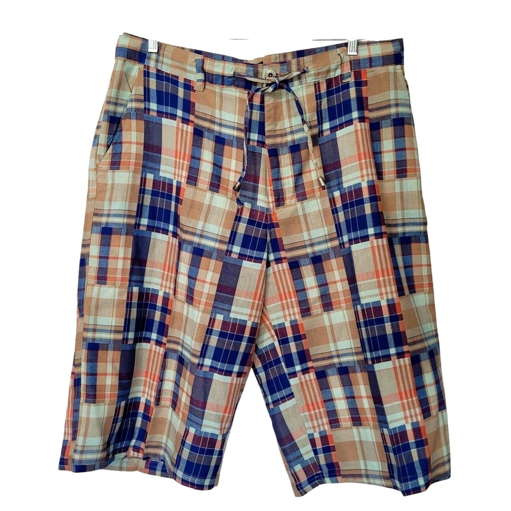 Old Skool Mens Plaid Cargo Shorts Size 40 Drawstring Long Leg Blue Orange Plaid
